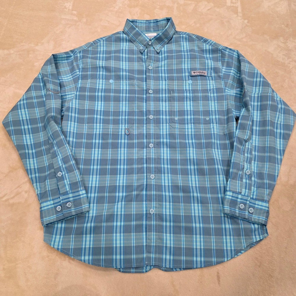 Columbia Men's PFG Super Crystal Springs Plaid Fishing Shirt Blue Size M